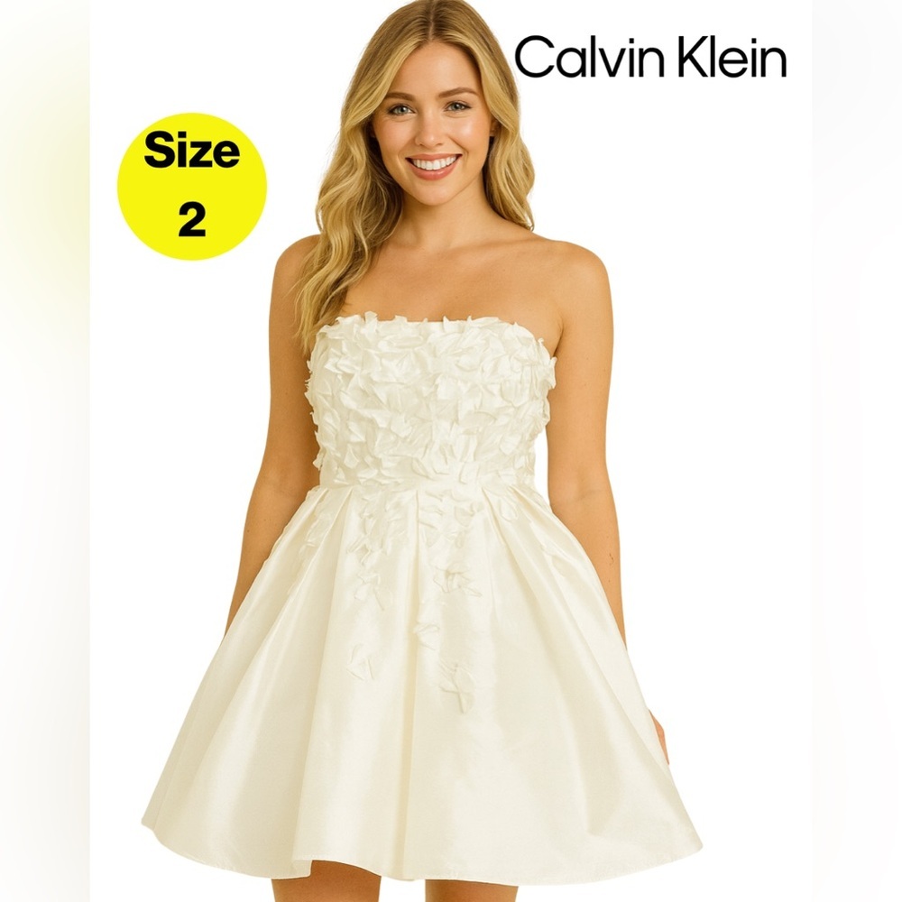 CALVIN KLEIN 🤍 Ivory Satin, Strapless, Confetti and Beaded Mini Dress (Size 2)